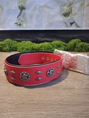 Bold Red Studded Leather Waist Belt with Silver Medallions